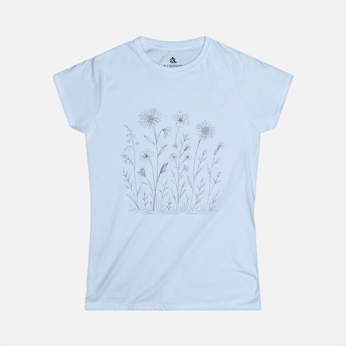 Women's light blue Wildflower Breeze T-Shirt displayed on a white background, highlighting its nature-inspired wildflower design and soft fabric.