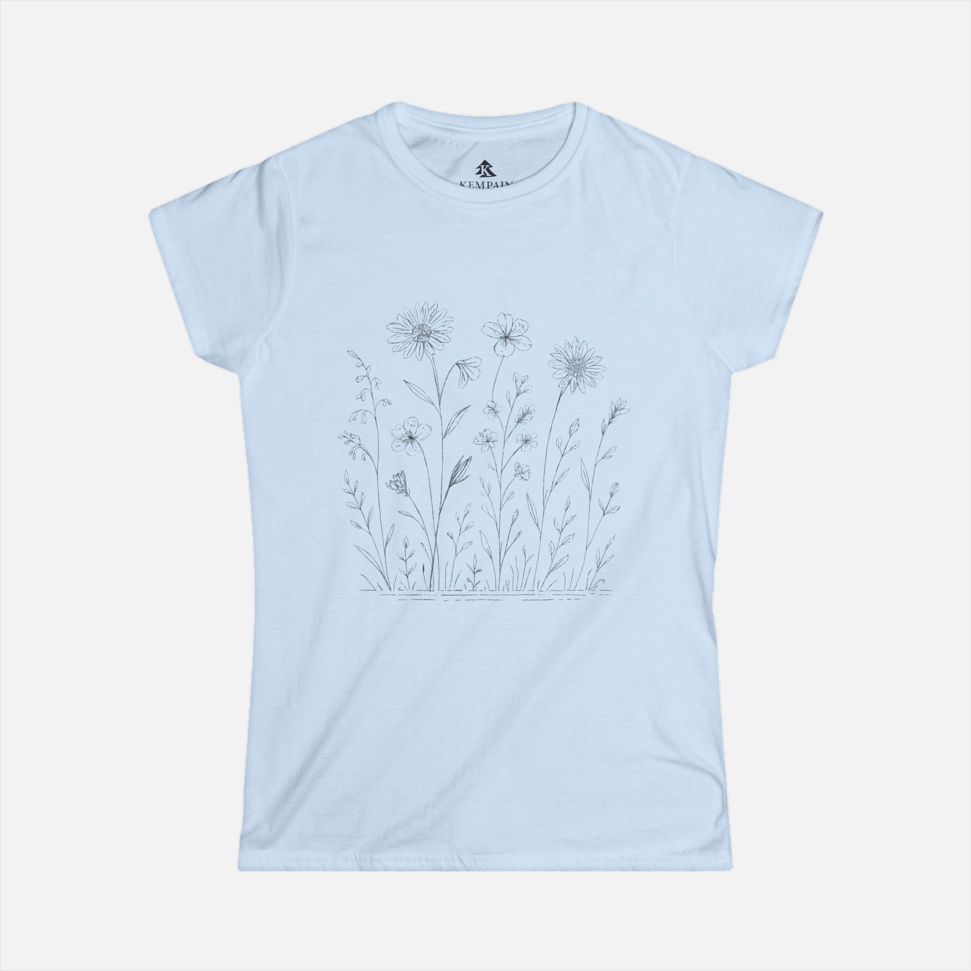 Women's light blue Wildflower Breeze T-Shirt displayed on a white background, highlighting its nature-inspired wildflower design and soft fabric.