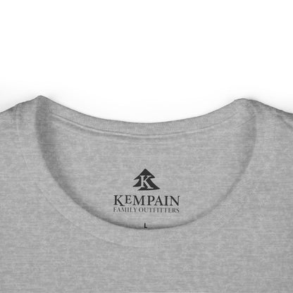Women’s Owl & Pine Forest T-Shirt in grey displayed flat on a white background, showcasing the collar and Kempain Family Outfitters Logo.