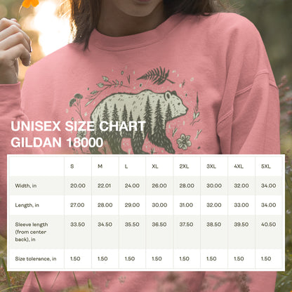 Unisex Size chart for the Women's Wandering Bear Sweatshirt, providing detailed measurements for the perfect fit. Gildan 18000. 