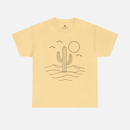 Yellow Minimalist Desert Cactus Line Art T-Shirt displayed on white background, showing simple cactus, sun, and cloud illustration.